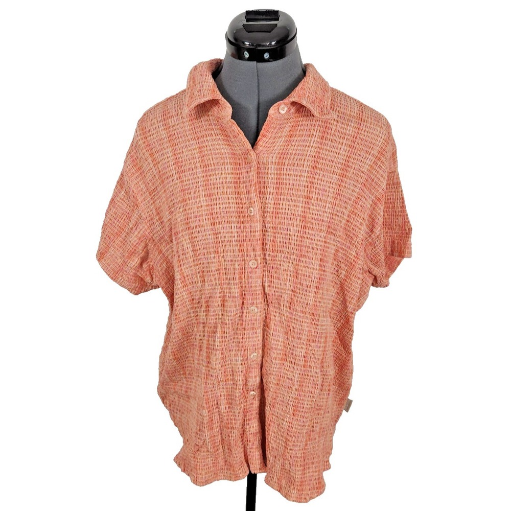 Woolrich Womens XL Orange Pink‎ Crinkle Texture Short Sleeve Button Up Shirt